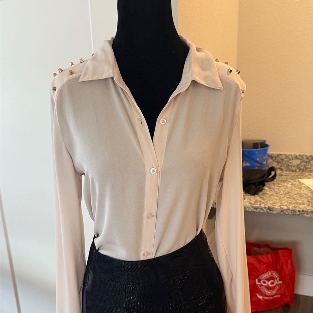 Women's Blush Button-Up Top with Studded Shoulders
